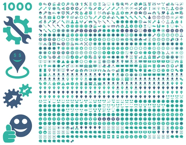 1000 ferramentas, engrenagens, sorrisos, marcadores de mapa, ícones móveis — Fotografia de Stock