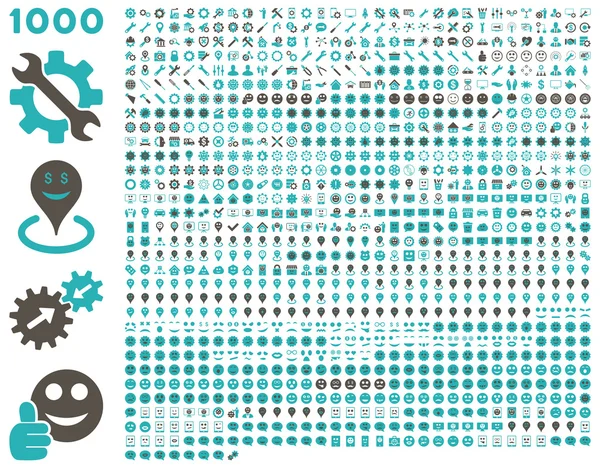 1000 herramientas, engranajes, sonrisas, marcadores de mapa, iconos móviles — Foto de Stock
