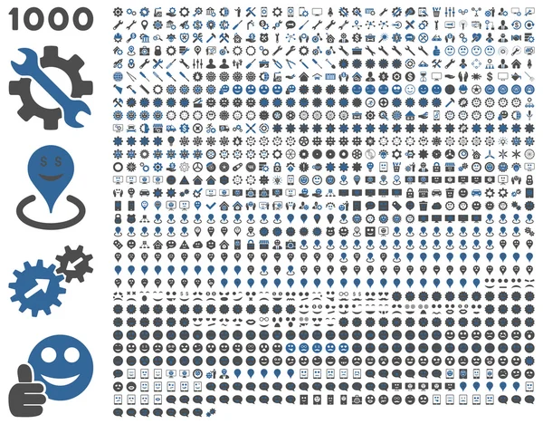 Narzędzia do 1000, koła zębate, uśmiechy, mapa znaczników, mobilnych ikony — Zdjęcie stockowe