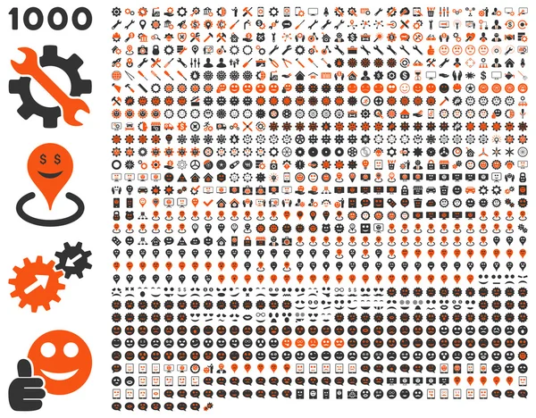 1000 eszközök, fogaskerekek, a mosoly, a Térkép markerek, mobil ikonok — Stock Vector