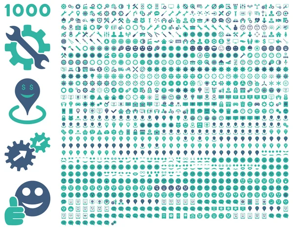 1000 tools, gears, smiles, map markers, mobile icons — Stock Vector