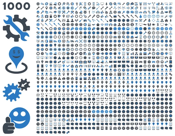 1000 ferramentas, engrenagens, sorrisos, marcadores de mapa, ícones móveis — Vetor de Stock