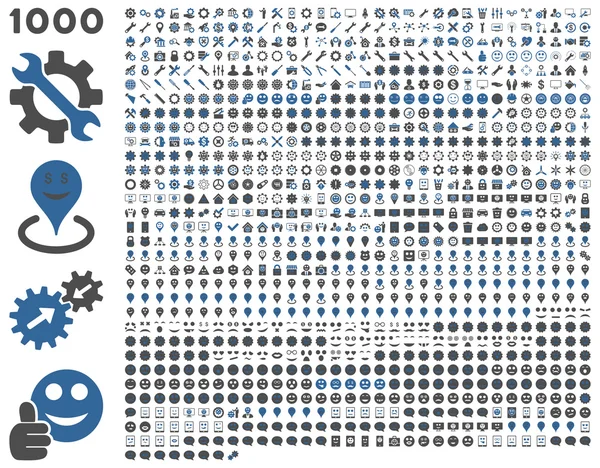 1000 tools, gears, smiles, map markers, mobile icons — Stock Vector