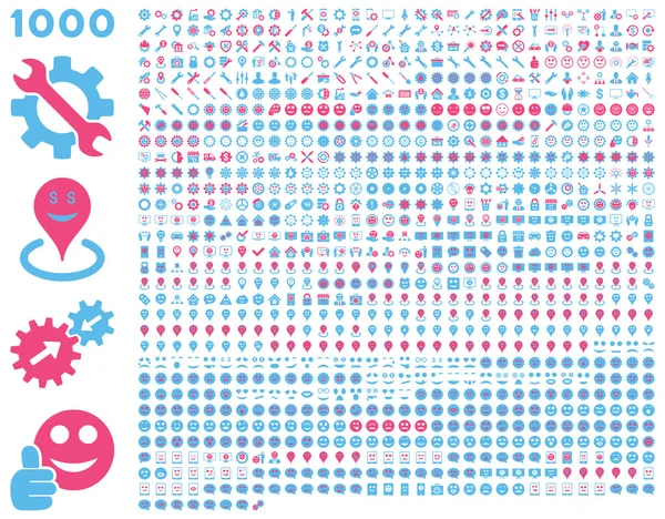 1000 eszközök, fogaskerekek, a mosoly, a Térkép markerek, mobil ikonok — Stock Fotó