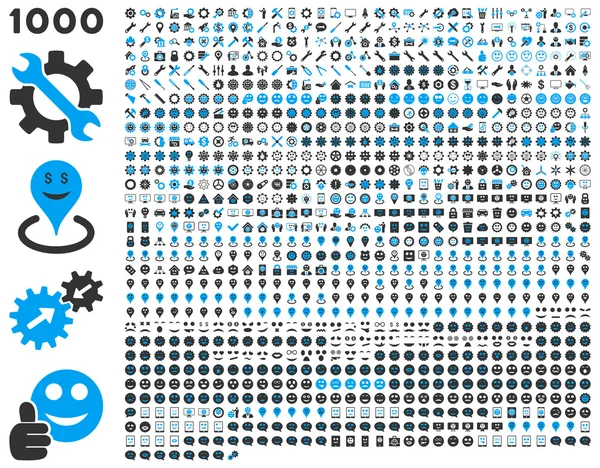 1000 eszközök, fogaskerekek, a mosoly, a Térkép markerek, mobil ikonok — Stock Fotó