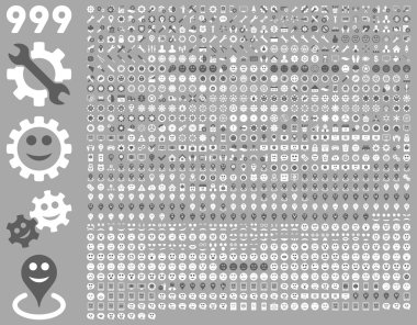 999 araçları, dişliler, gülümsüyor, harita işaretleri, telefon simgeleri.