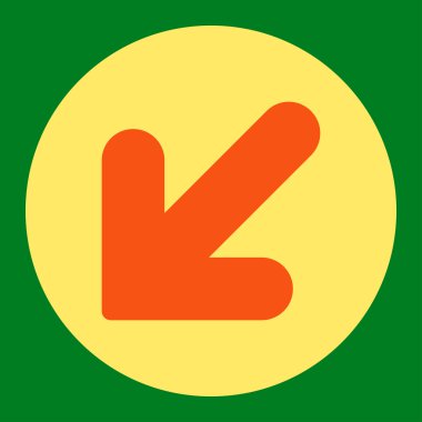Arrow Down Left flat orange and yellow colors round button