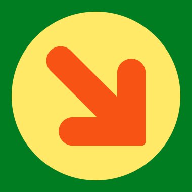 Arrow Down Right flat orange and yellow colors round button