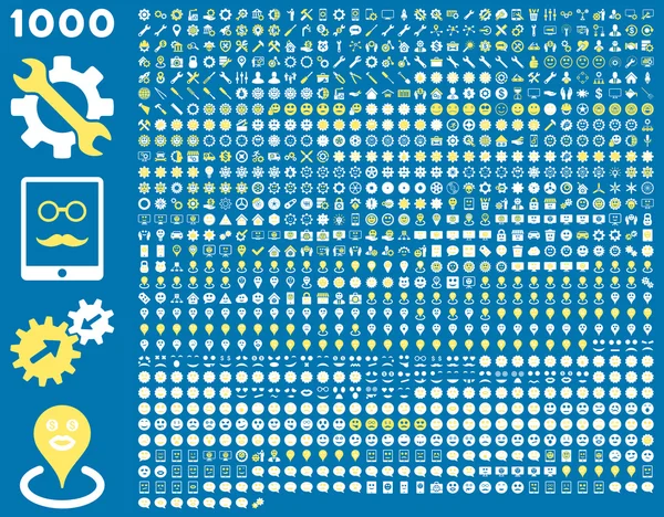 1000 eszközök, fogaskerekek, a mosoly, a Térkép markerek, mobil ikonok — Stock Vector