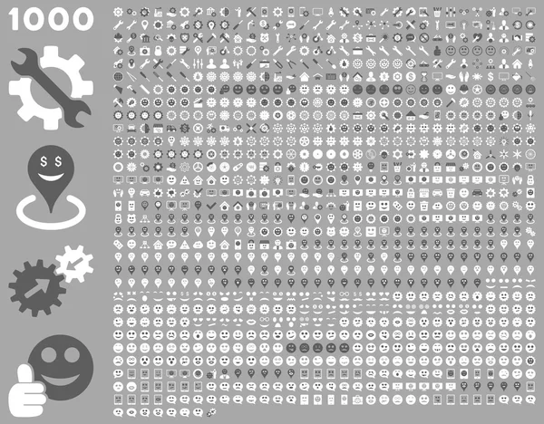 1000 Werkzeuge, Zahnräder, Lächeln, Kartenmarker, mobile Symbole — Stockfoto