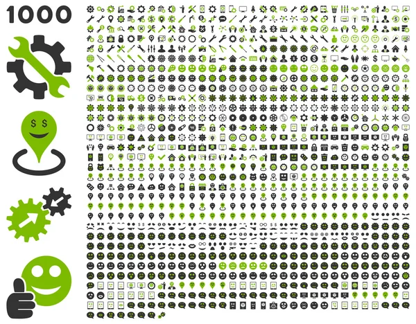 1000 strumenti, ingranaggi, sorrisi, indicatori di mappa, icone mobili — Foto Stock