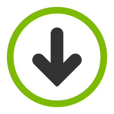 Ok Aşağı düz eko yeşil ve gri renkler yuvarlak vektör simgesi