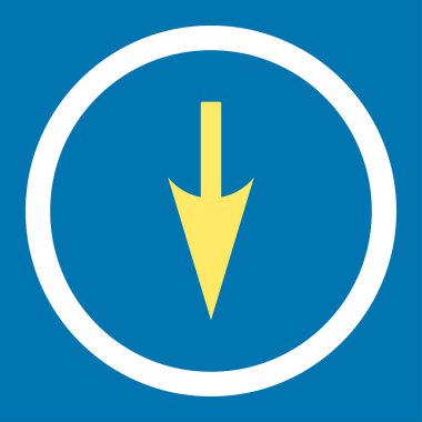 Vektör simgesi aşağı keskin ok düz sarı ve beyaz renklerde yuvarlak