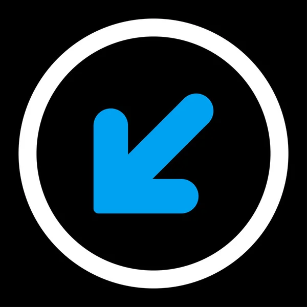 Pijl omlaag links plat blauwe en witte kleuren afgerond vector pictogram — Stockvector