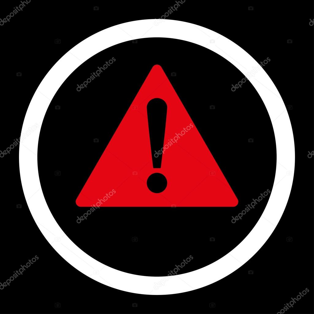 Warning flat red and white colors rounded vector icon