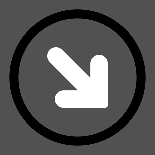 Flecha hacia abajo derecha plana en blanco y negro colores redondeados vector icono — Vector de stock