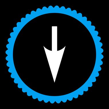 Aşağı keskin ok düz mavi ve beyaz renkler damga simgesi yuvarlak