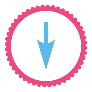 Aşağı keskin ok düz pembe ve mavi renkler damga simgesi yuvarlak