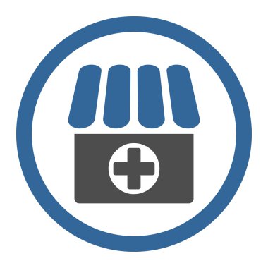 Eczane düz kobalt ve gri renkli yuvarlak vektör simgesi