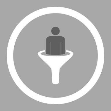 Düz koyu gri ve beyaz renkler yuvarlak glif simgesi satış huni