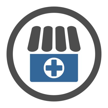 Eczane düz kobalt ve gri renkli yuvarlak vektör simgesi