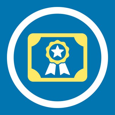 Certificate flat yellow and white colors rounded vector icon