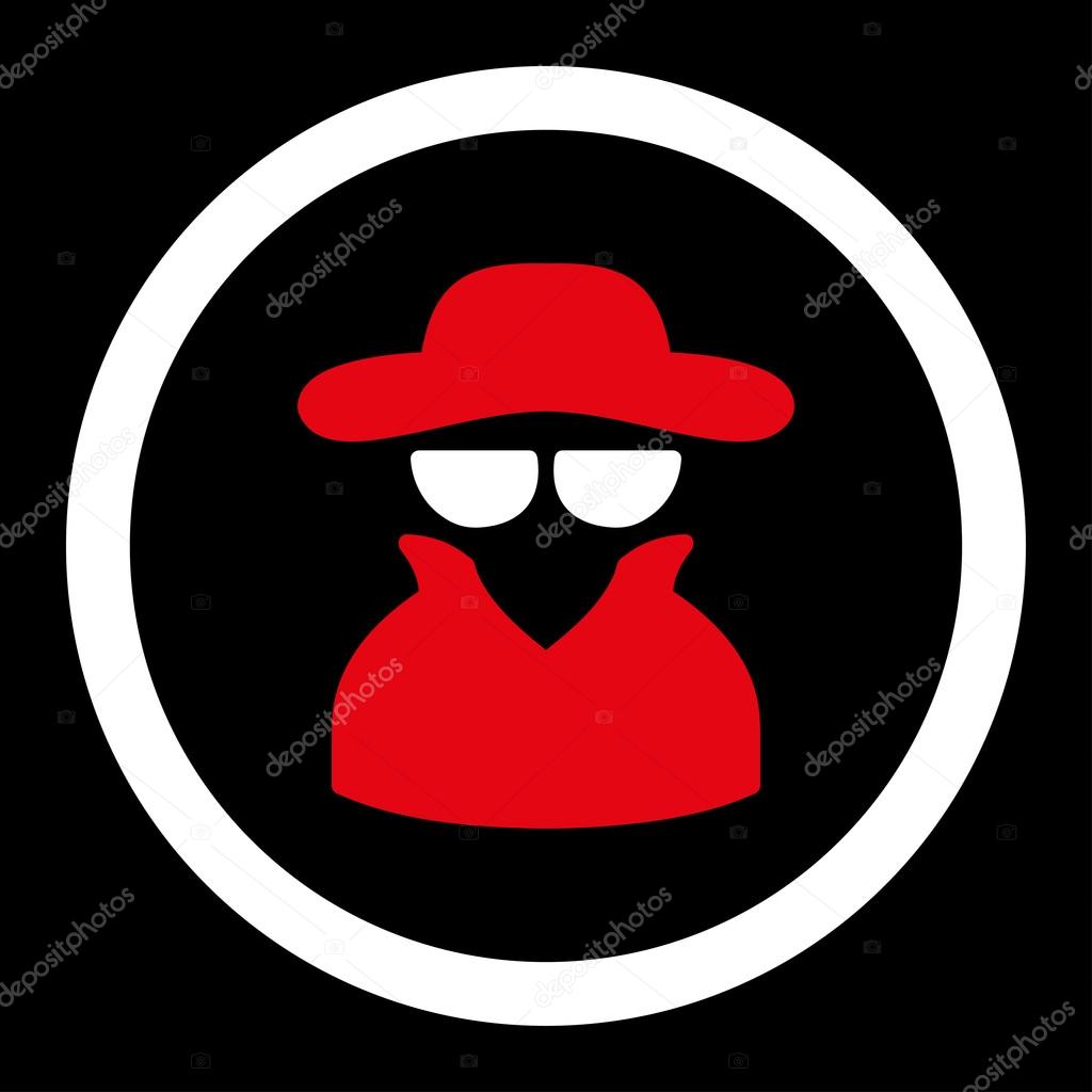 Spy flat red and white colors rounded vector icon