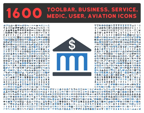 Icono del edificio del banco con gran colección de pictogramas — Archivo Imágenes Vectoriales