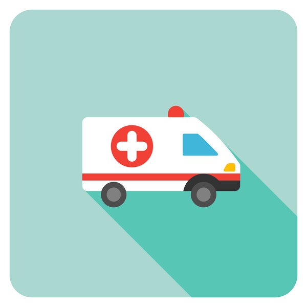Ambulance Car Flat Rounded Square Icon with Long Shadow