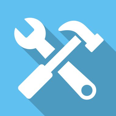 Hammer And Wrench Flat Square Icon with Long Shadow