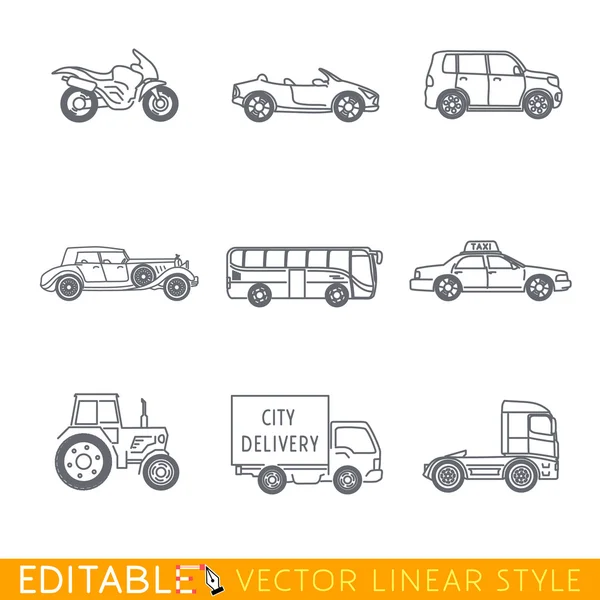 Transportation icon set include Semi truck Van Bus Minivan Old luxury car Taxi Tractor Cabriolet and Sport motorcycle.