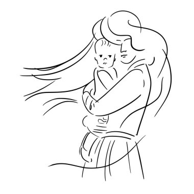 Mother holds baby in her arms, protecting him from problems, diseases, troubles. Concept, black line sketch on white background. Vector illustration.