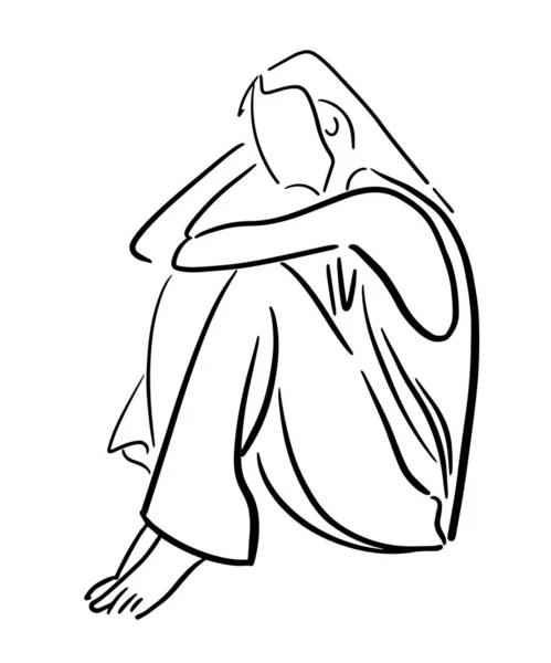 Girl is sitting, leaning on her hand, thinking. Black line sketch on white background. Vector illustration. — Stockový vektor