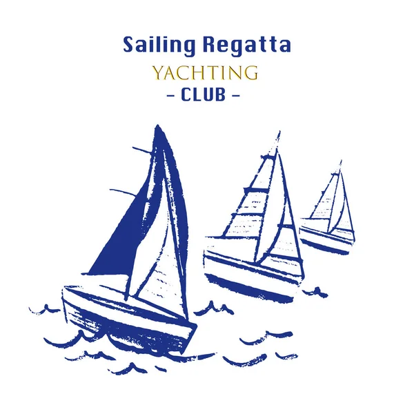 Ink yachts, sailing regatta for design posters, banners in different styles. Vector illustration, logo. — Image vectorielle
