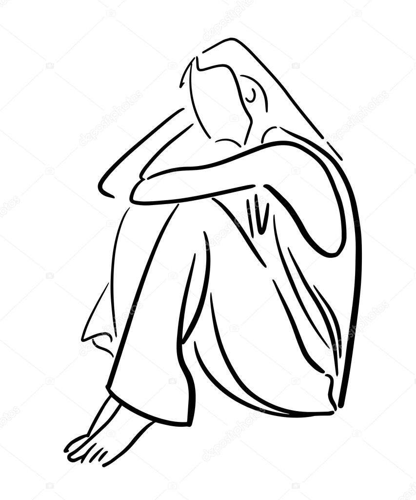 Girl is sitting, leaning on her hand, thinking. Black line sketch on white background. Vector illustration. Vector illustration