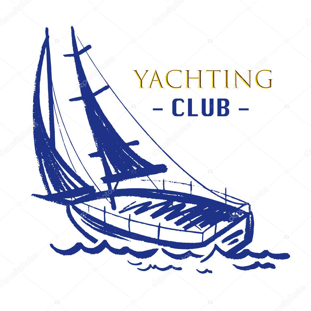 Ink yacht for design posters, banners in different styles. Vector illustration, logo.