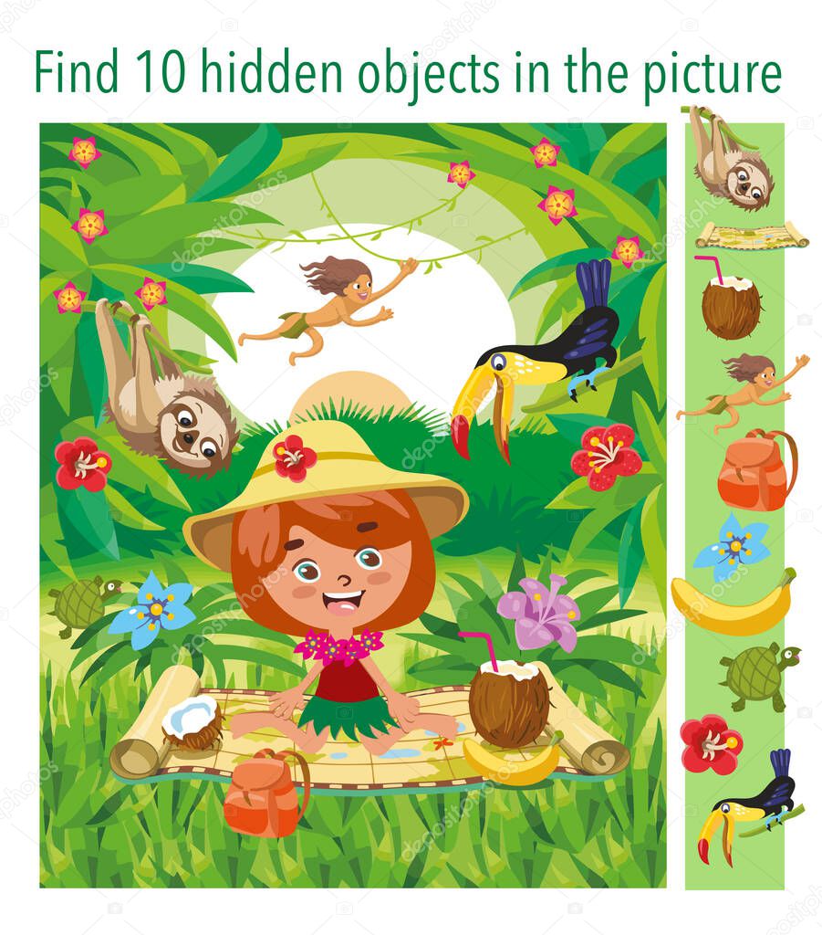 Find 10 hidden objects in picture. Girl travels through the jungle, tropical forest. Puzzle hidden elements game. Funny cartoon character. Vector illustration. 