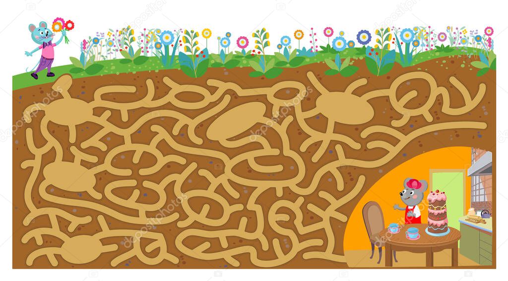 Find the correct path for the mouse. Vector maze game, activity for children.
