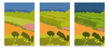 Set of abstract backgrounds from simple to complex, contrasting, nature, landscape valleys, hills with lines, deciduous trees. Vector illustrations for design.