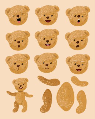 Set for creating a vintage bear. Different emotions, postures, views. Create your own teddy bear for a postcard, advertisement, holiday. Vector illustration.