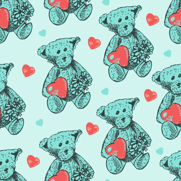 Seamless pattern, set of cute funny vintage teddy bears toys with hearts. Antique toys of the last century. Vector hand drawn illustration.