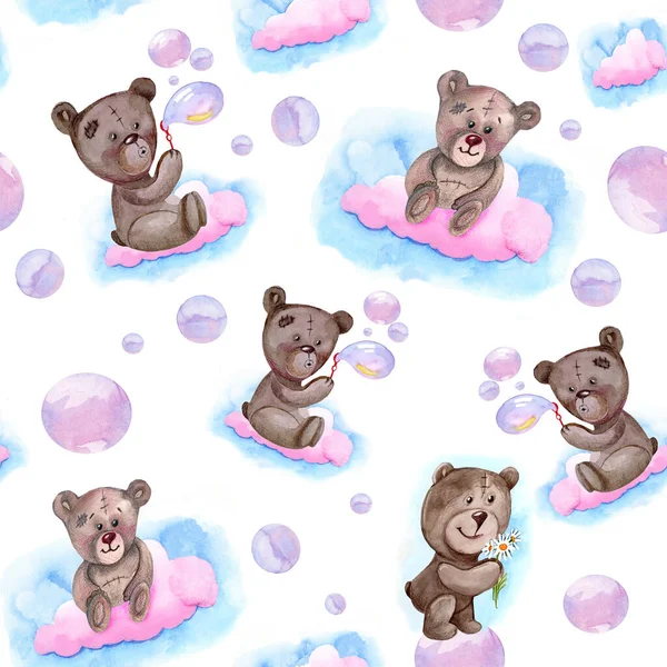 Seamless watercolor pattern, set of cute funny vintage teddy bears toys on the clouds. Hand draw full color illustration for fabric, design.