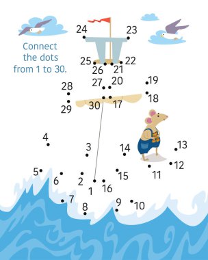 Ship with mouse captain. Activity page for kids. Educational game. Connect dots from 1 to 30. Vector illustration.