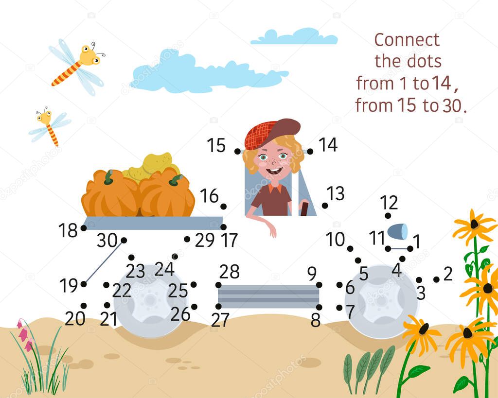 Farmer in truck with good harvest of vegetables. Connect the dots from 1 to 30. Game for kids. Vector illustration.