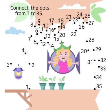 Ağaç evindeki küçük peri. Çocuklar için etkinlik sayfası. Eğitici bir oyun. Noktaları 1 ile 35 arasında birleştir.