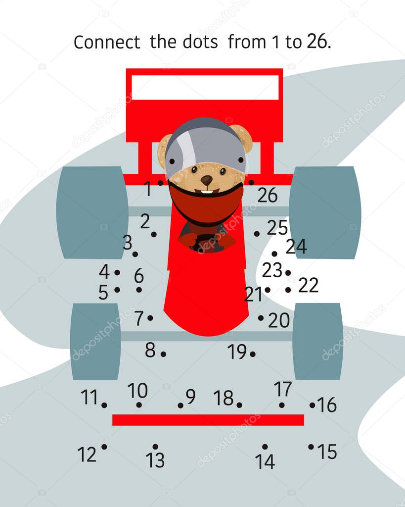 Teddy bear in racing car. Activity page for kids. Educational game. Connect dots from 1 to 26.
