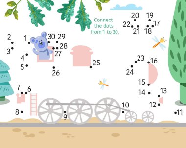 Sevimli ayı seyahat eder, trene biner. Noktaları 1 'den 30' a kadar birleştir. Çocuklar için oyun. Vektör illüstrasyonu.