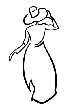 Kız arkası dönükken öne doğru yürüyor. Beyaz arka planda siyah çizim. Vektör illüstrasyonu.