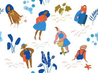 Kumsalda farklı kadınlar, aktif ve boş zamanlarında. Tasarım, arkaplan, ambalaj için kusursuz desen. Vektör illüstrasyonu.