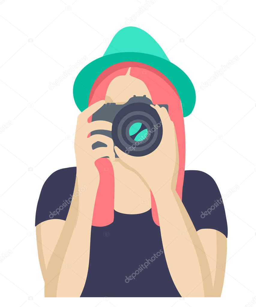 Girl photographer with camera. Simple, flat, minimalism for designs in retro and other styles. Vector illustration.